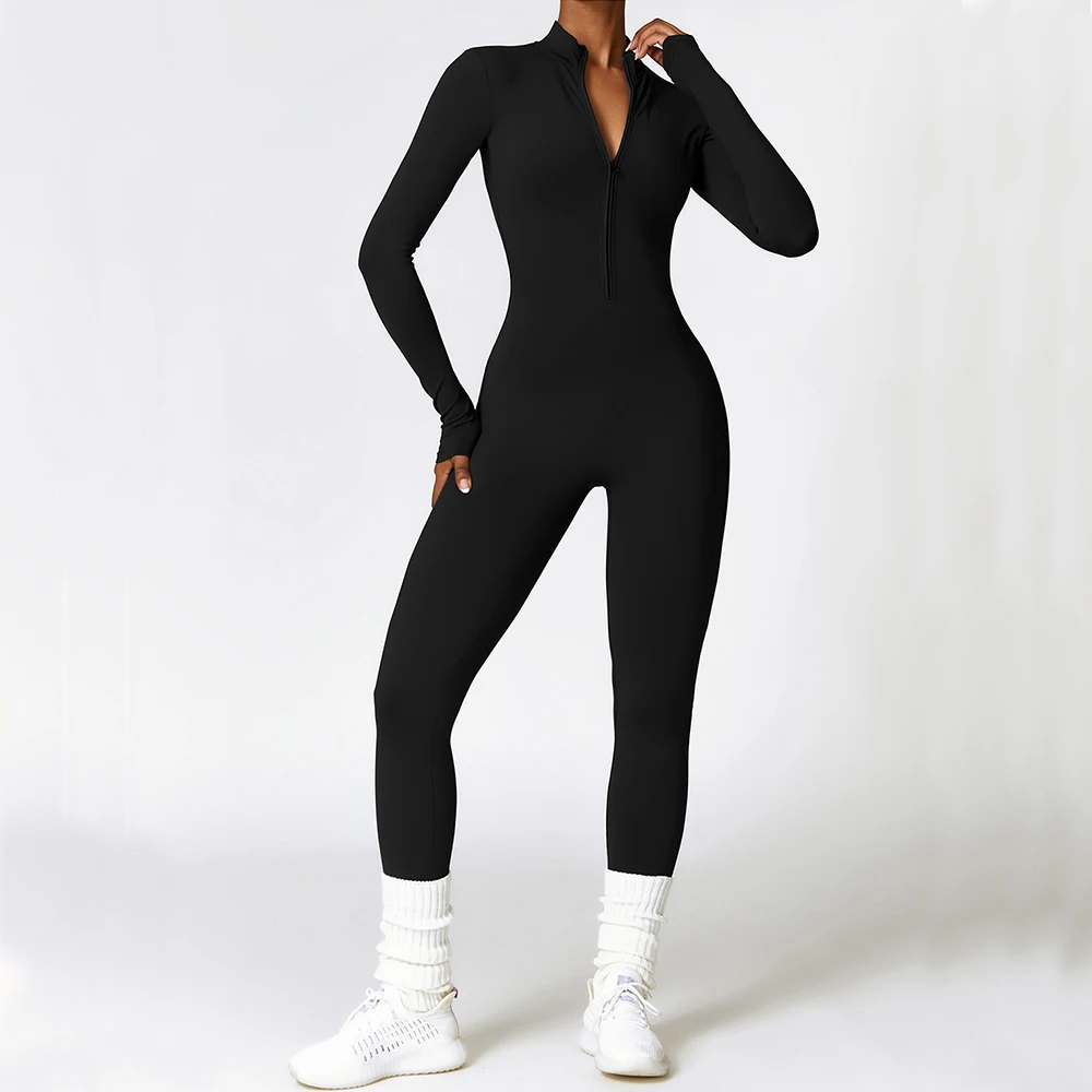 Women\'s Long Sleeved One-piece Sportswear Zipper Yoga Rompers Gym Jumpsuits Workout High-intensity Skin-tight Fitness Garment