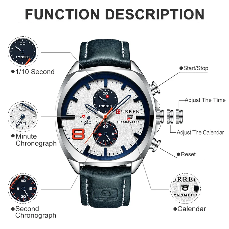 CURREN Top Brand Men\'s Military Sport Watch Men Leather Chronograph Quartz Wristwatch Calendar Male Clock Relogio Masculino