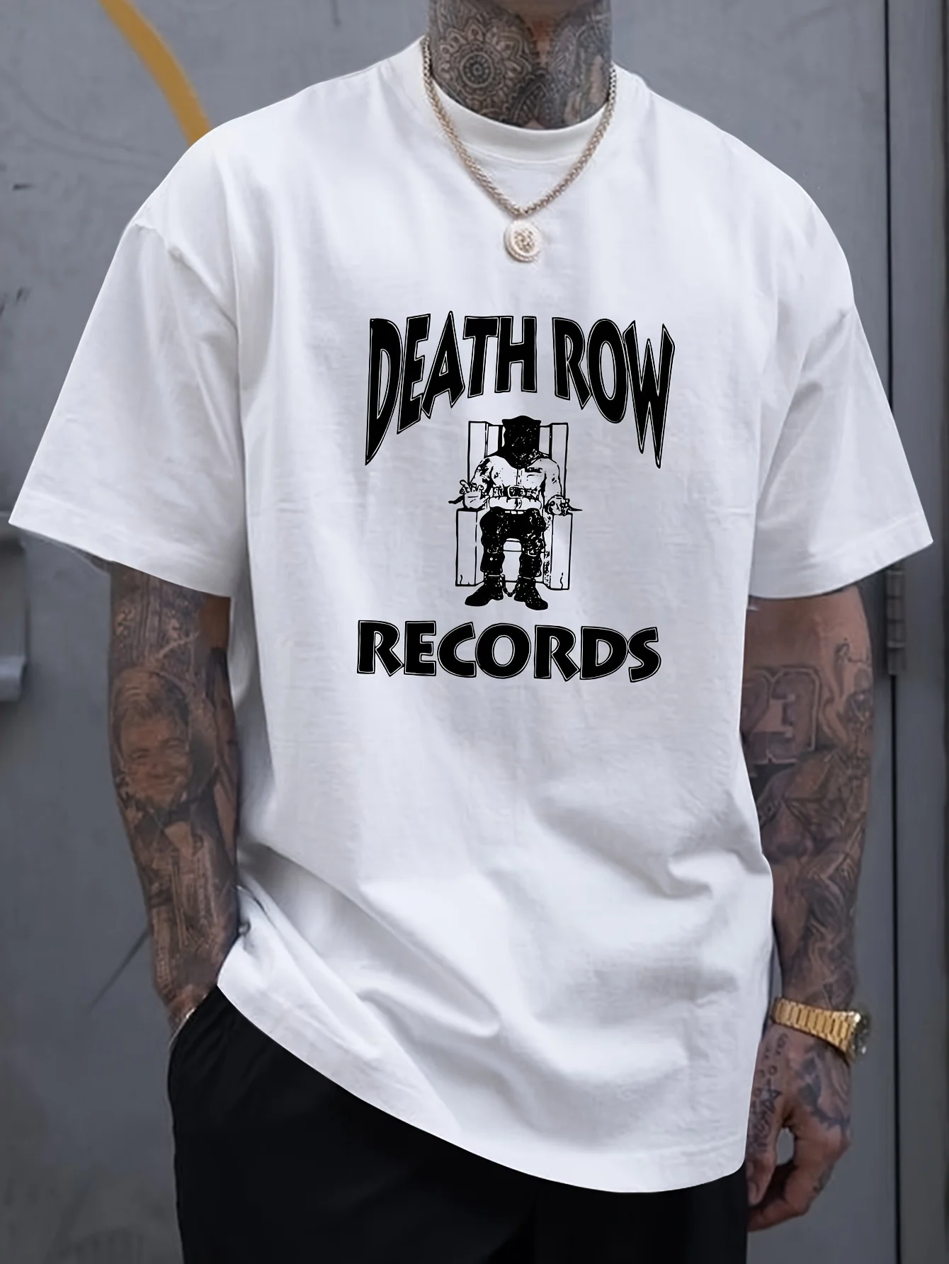 

Men'S Death Row Records Graphic T-Shirt - Black Cotton Crew Neck, Breathable & Machine Washable, Bold White Print