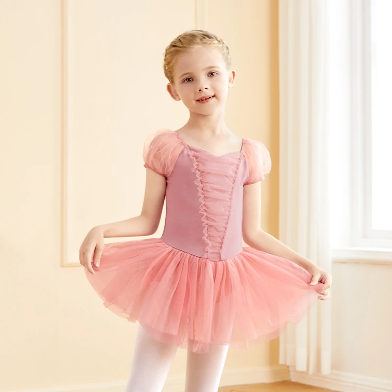 Girls Ballet Tutu Skirts Kids Splice V-Neck Dress Fluffy Short Sleeve Ballet Dress Toddlers Ballet Costumes Leotards