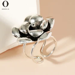 Obega Vintage Punk Silver Color Sweet Flower Wide Rings Fine Jewelry For Women New Fashion Creative Party Accessories Gifts