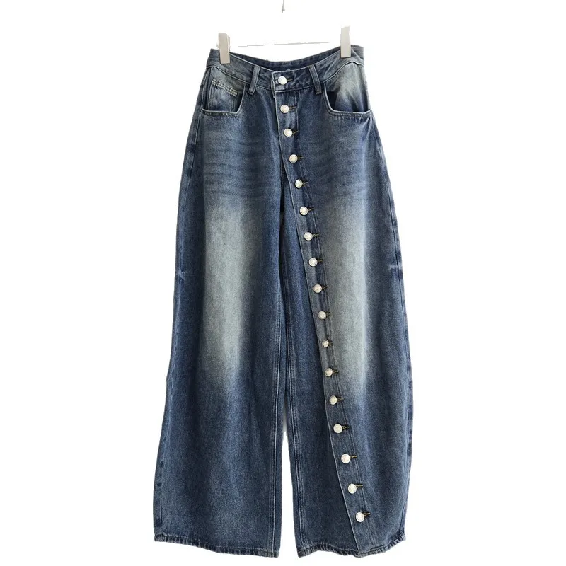 SuperAen American Style High Street Design Asymmetrical Buttoned Casual Denim Pants Retro Distressed Washed Full-length Pants