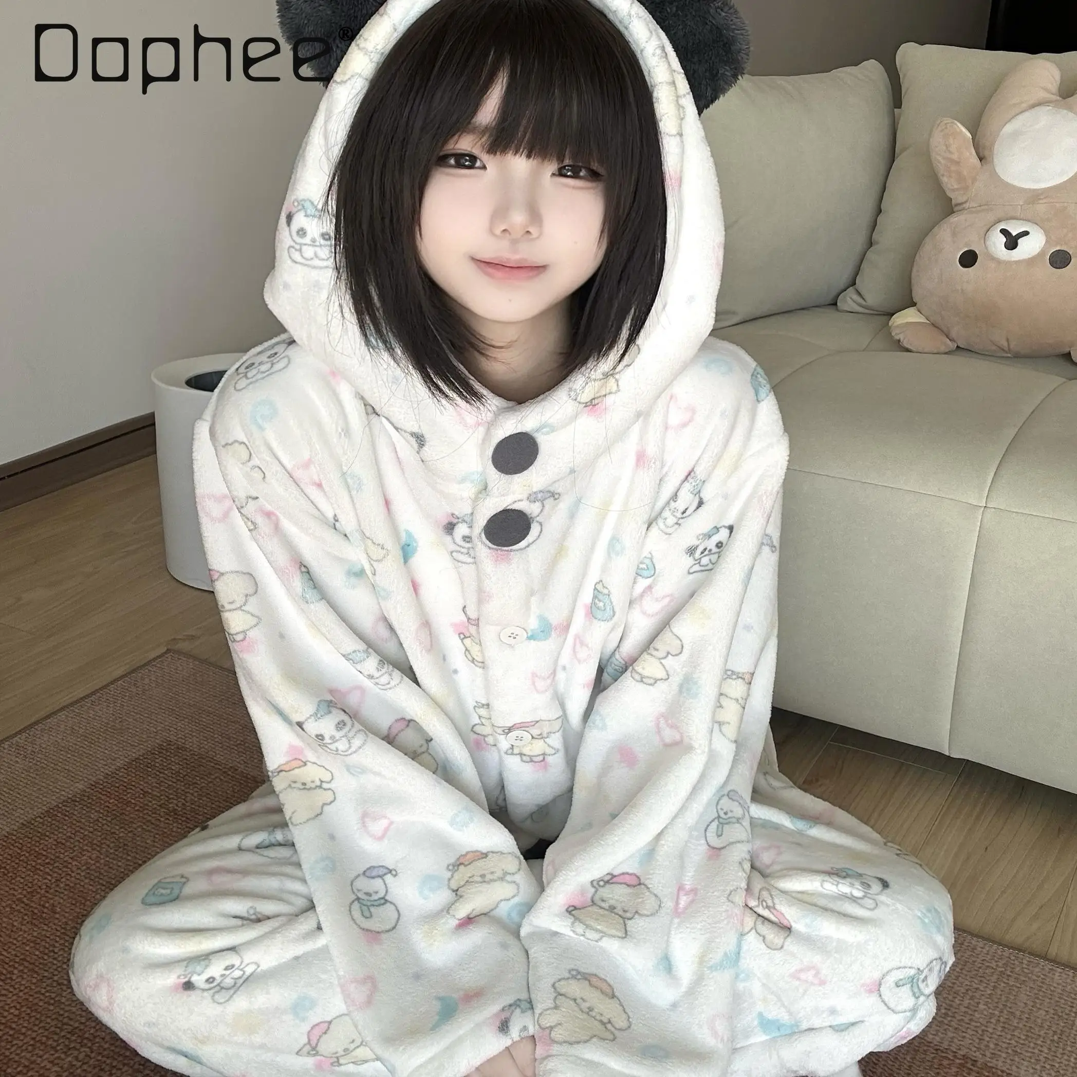 Original Panda Pajama Hooded Warm Flannel Cartoon Autumn and Winter Girls Homewear Cute Ear Pajama Pajama Sets Sleepwear