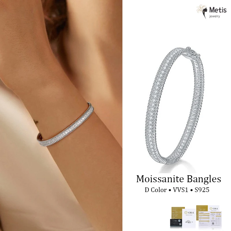 

All Moissanite Gemstone Couple Bangles 925 Sterling Silver Plate 18K Gold Lab Diamond Bracelet for Women Party Gifts Jewelry