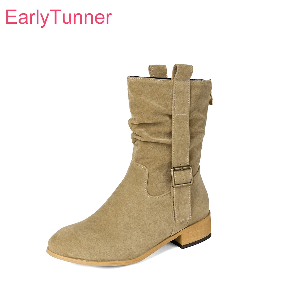 

2025 New Winter Elegant Black Brown Women Mid Calf Boots Round Toe Med Heels Office Lady Nude Shoes Plus Big Size 43 45 48