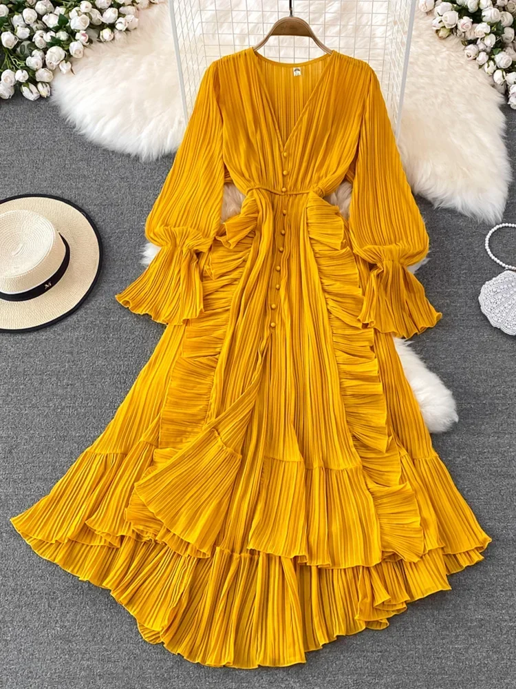 2024 Autumn New Holiday Style Ankle Length Long Dresses Women Sexy V Neck Puff Sleeve Lace Elegant Evening Party Summer Dress