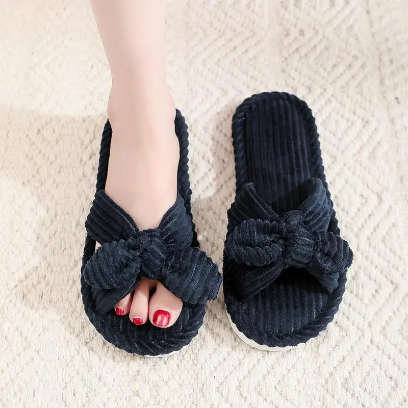 2026 Winter Süße Schleifenknoten-Hausschuhe für Damen, Trendige Cord-Baumwoll-Pantoffeln, EVA Rutschfeste Wohnzimmer-Schuhe, Flach – Detail 10
