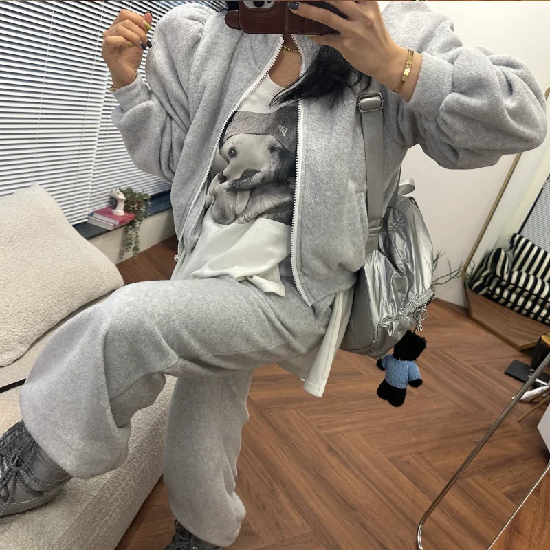 

Теплая меховая толстовка на молнии с капюшоном и широкие брюки, комплект из двух предметов, модная осенне-зимняя женская одежда, повседневная одежда