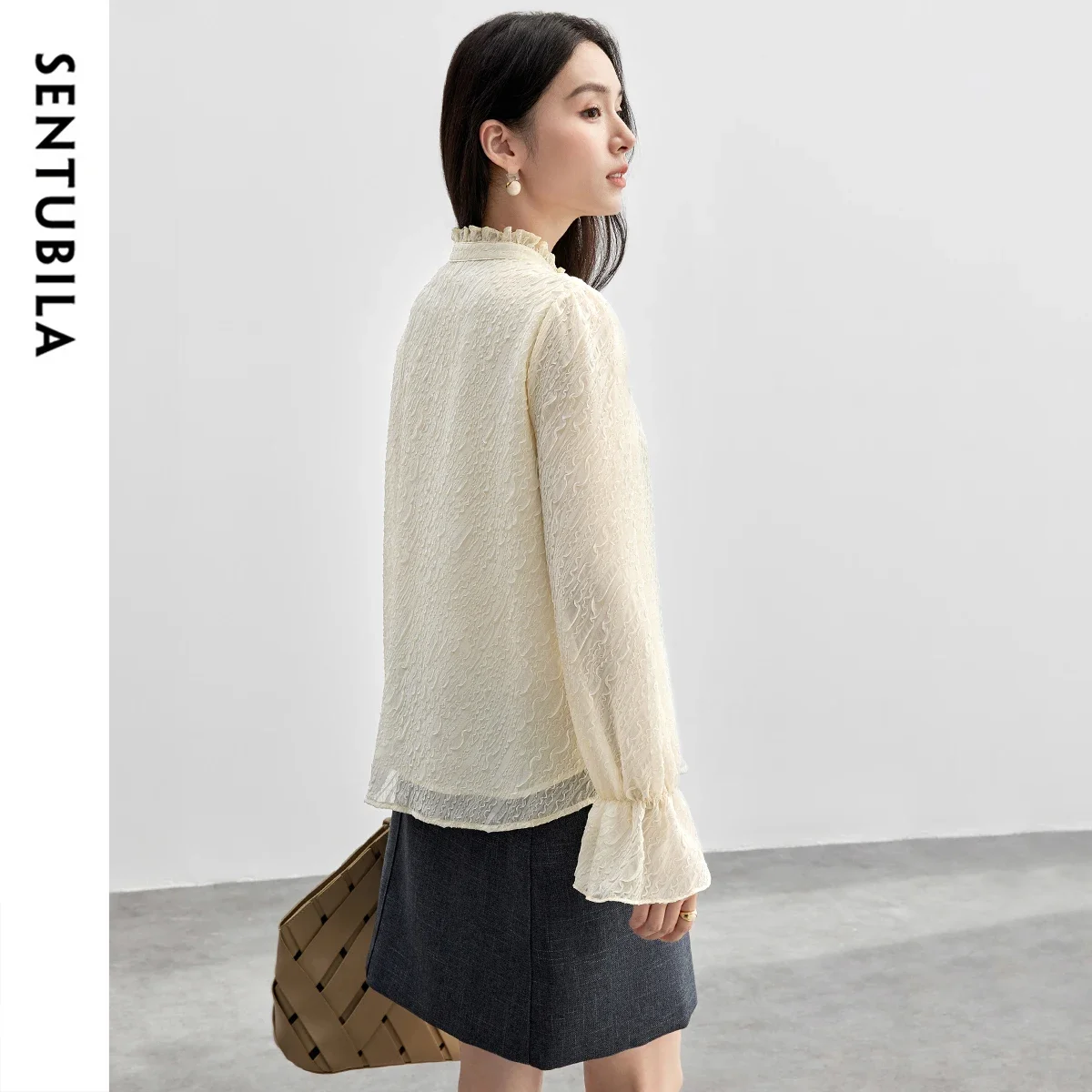 SENTUBILA Women Long Sleeve Shirts 2025 Autumn Jacquard Ruffles Stand Neck Flare Sleeve Blouses Elegant Clothing Woman 151C58162