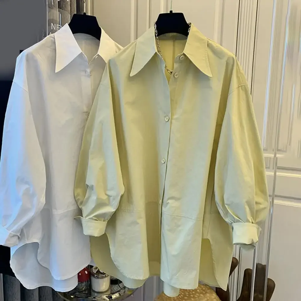 

Women's Shirt Cotton Long Sleeve Loose Fit Blouse Solid Color Pointed Lapel Collar Spring Autumn Shirt for Parties Travel Work