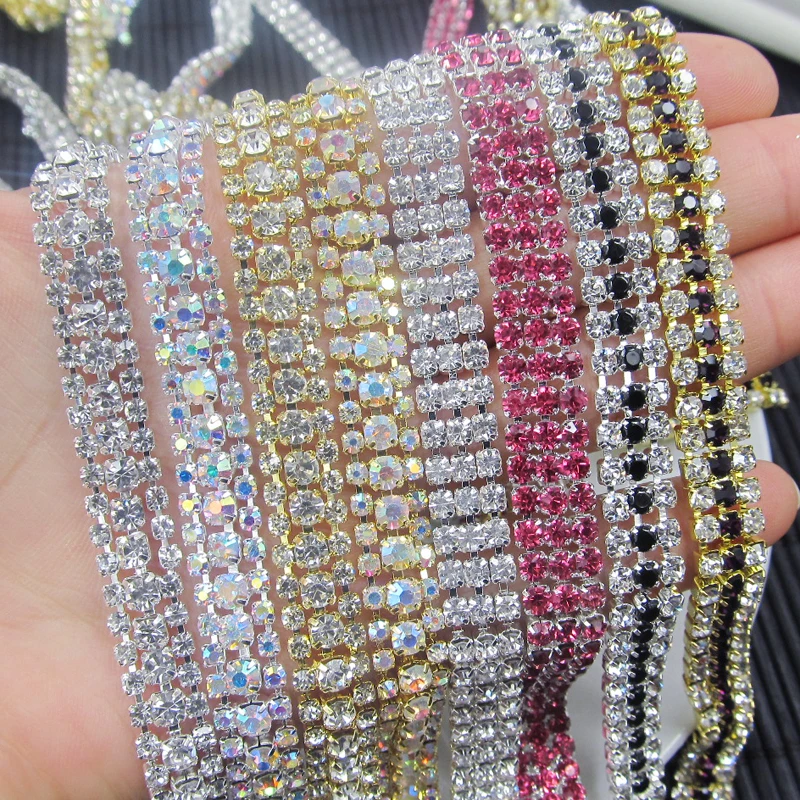 3 Rows Rhinestones Cup Chain Crystal AB Gold/Sliver Base Rhinestone Trim for dress, bag, shoes accessories