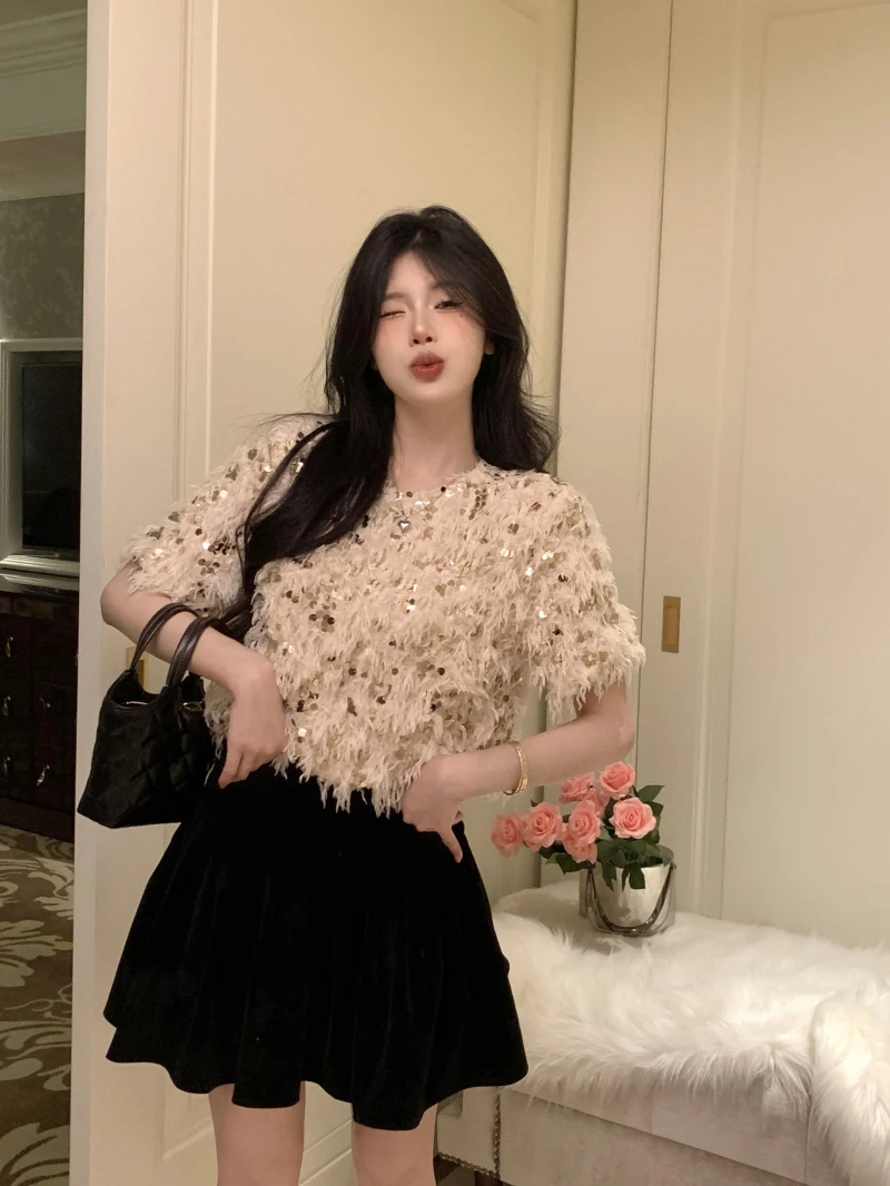 Spring 2023 Women\'s Short Sleeve T-Shirt Glittering Beautiful Design Sensation Elegant Loose Short Top Korean Style round Neck