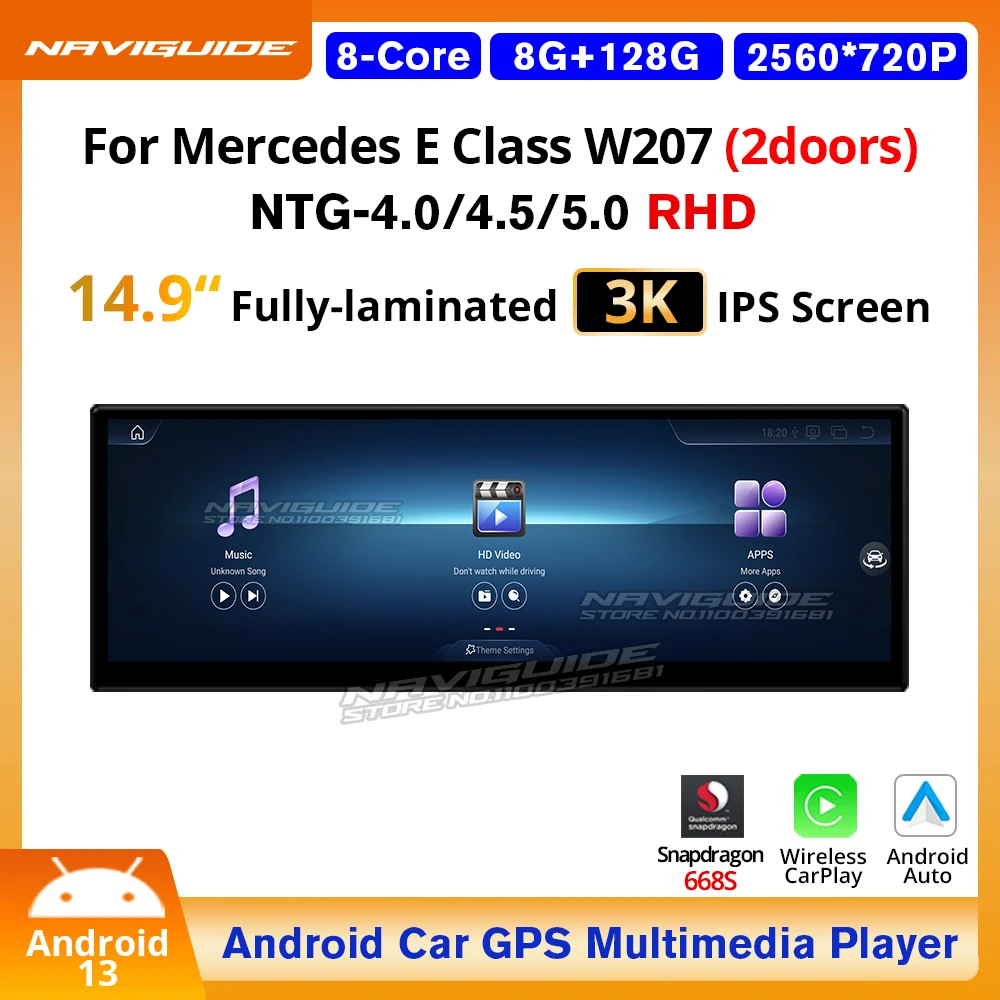 

NAVIGUIDE 14.9'' Wireless Carplay Auto Car Multimedia Player For Mercedes E Class W207 RHD 2009-2018 GPS Navi Android13 Headunit