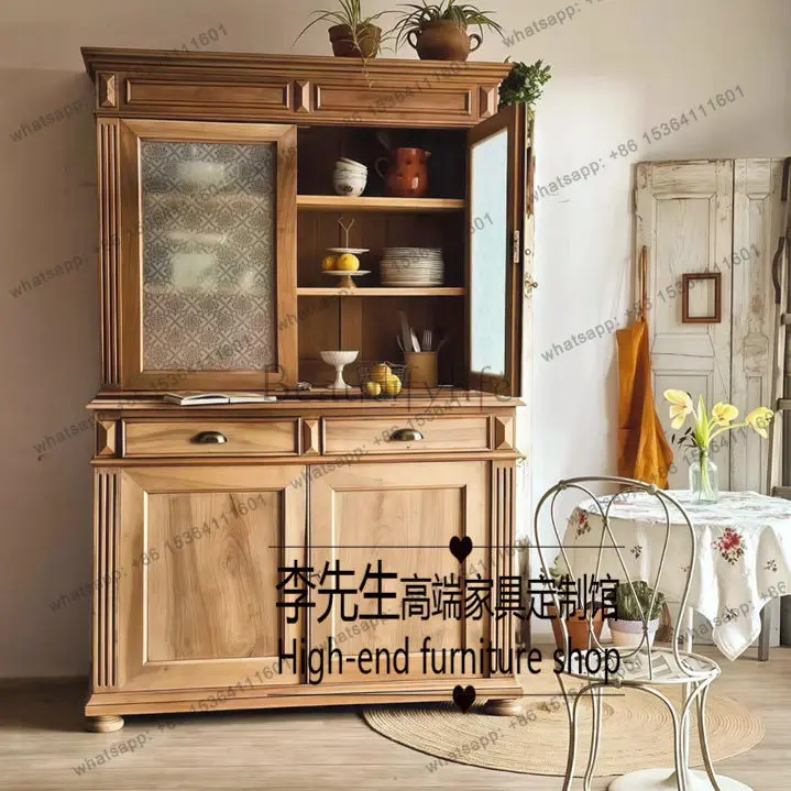 

French retro solid wood dining side cabinet multi-functional, living room decoration display cabinet