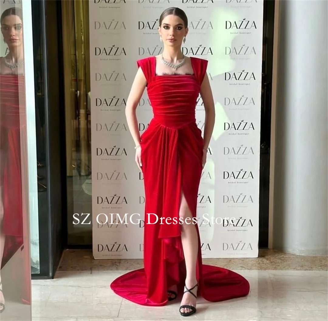 

OIMG Square Neck Fitted Women Vintage Prom Dresses Cap Sleeves Floor Length Side Slit Red Evening Gowns 2024 Formal Party Dress