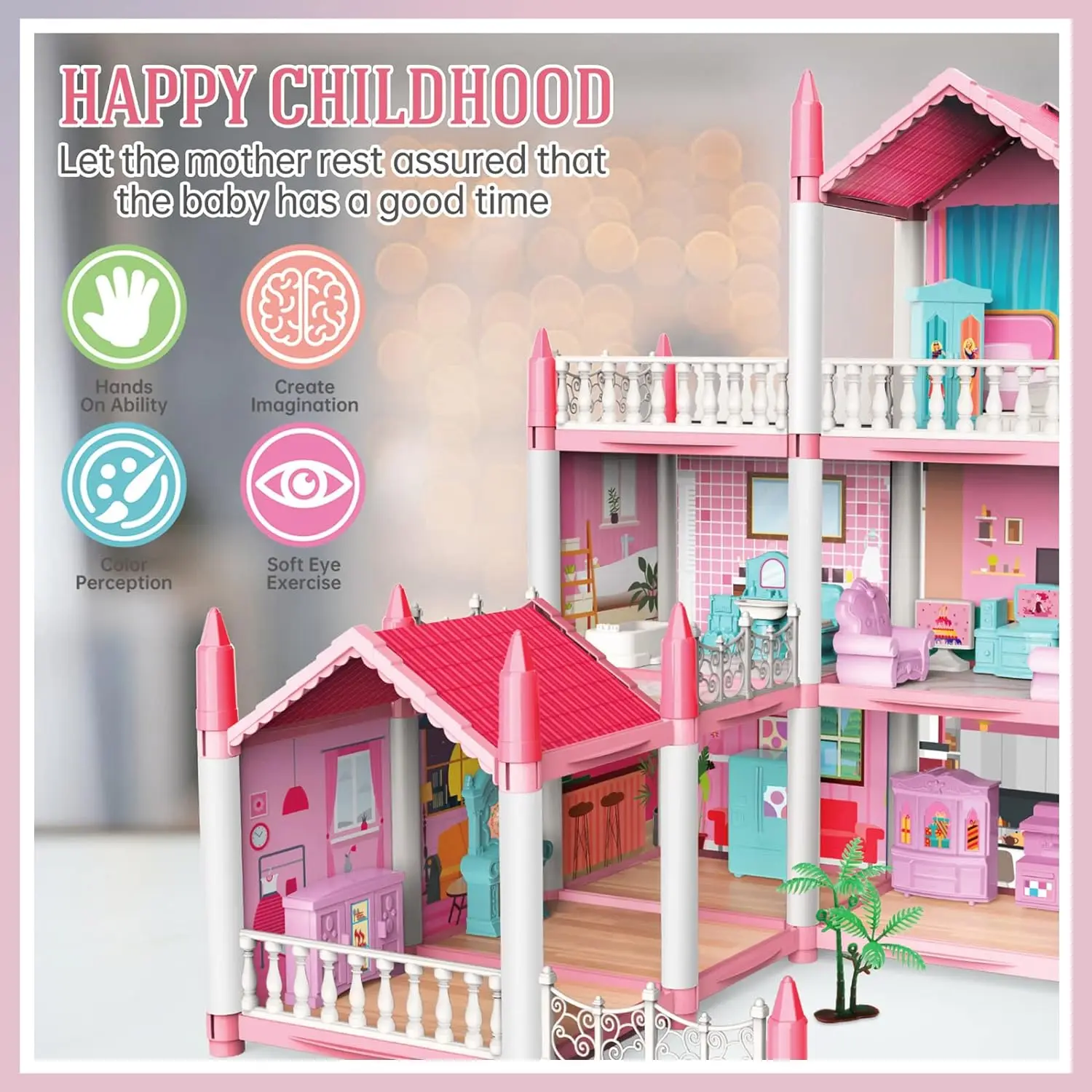 Dollhouse Building Toys Princess Doll House Playset with Lights Furniture Cottage Pretend Doll House Set DIY Gift for Girls