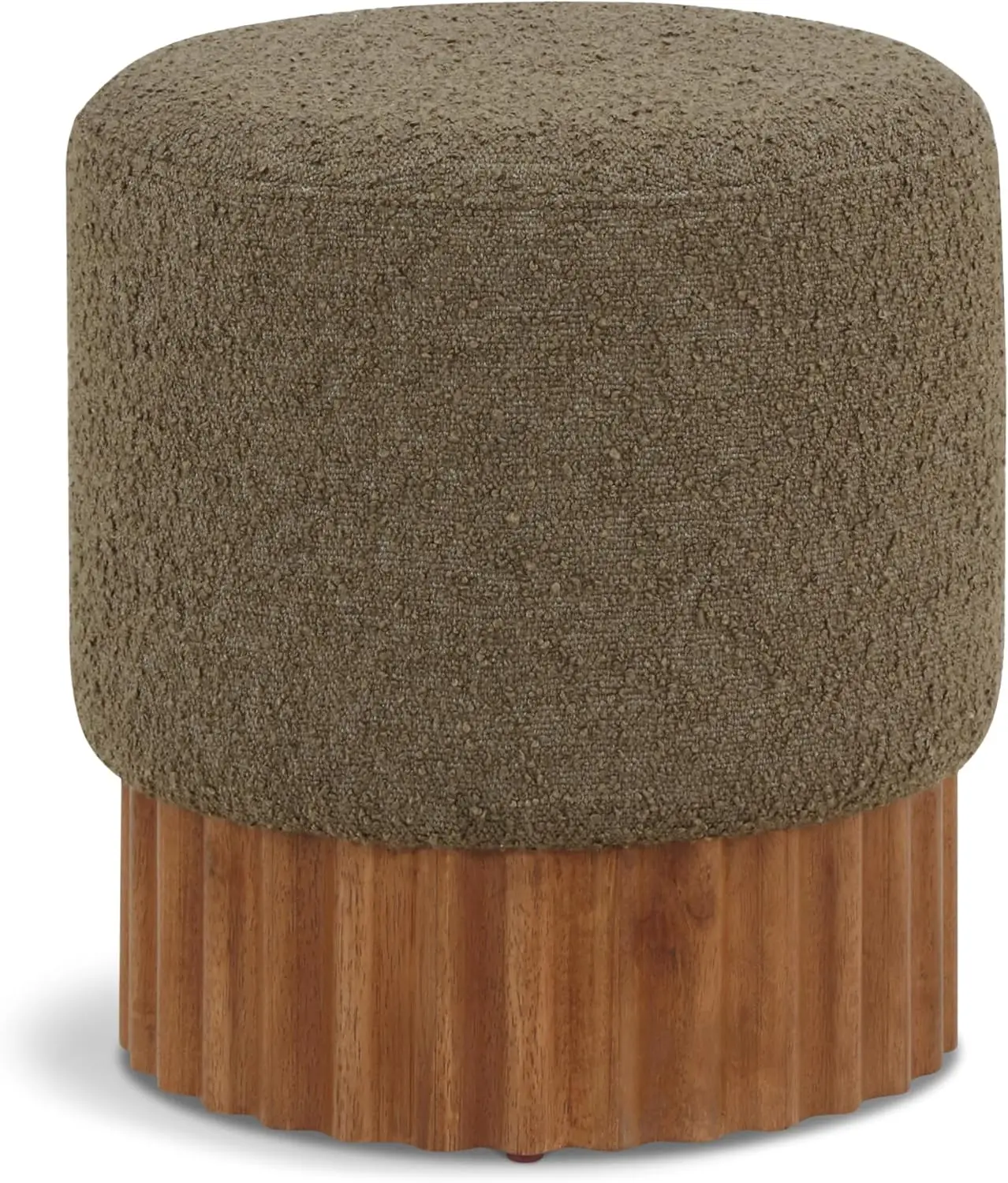 

Modern Ottoman/Stool with Rich Olive Green Boucle Fabric, Solid Wood Walnut Brown Finish Base, 16" W x 16" D x 17" H, Olive