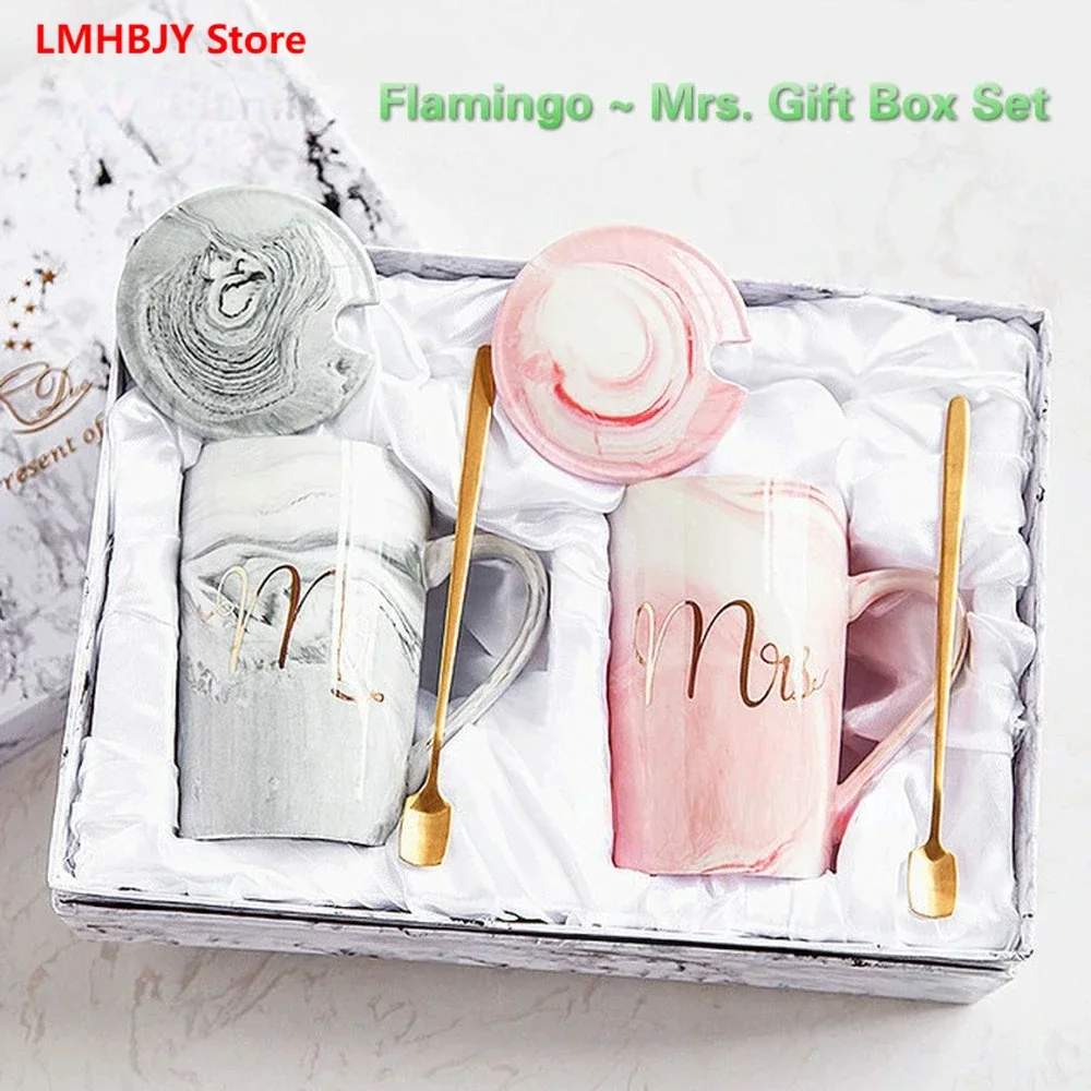 LMHBJY Marble Pattern Cups Gold Rim Mug Gift Box Set Coffee Mug Couple Women Cup Flamingo Cup Ceramic with Hand Ceremony