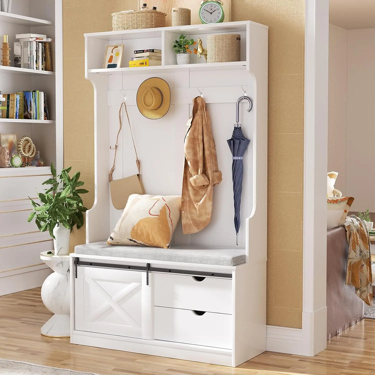 Entryway Hall Tree with Bench and Shoe Storage,Coat Rack with Bench Shelf Hooks