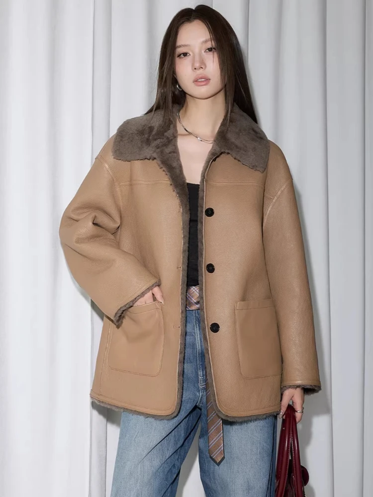 

High-end Luxury Merino Sheep Fur Plush Jacket for Women Simple Double-sided Wear Mid-length Winter Genuine Leather Real Fur Coat