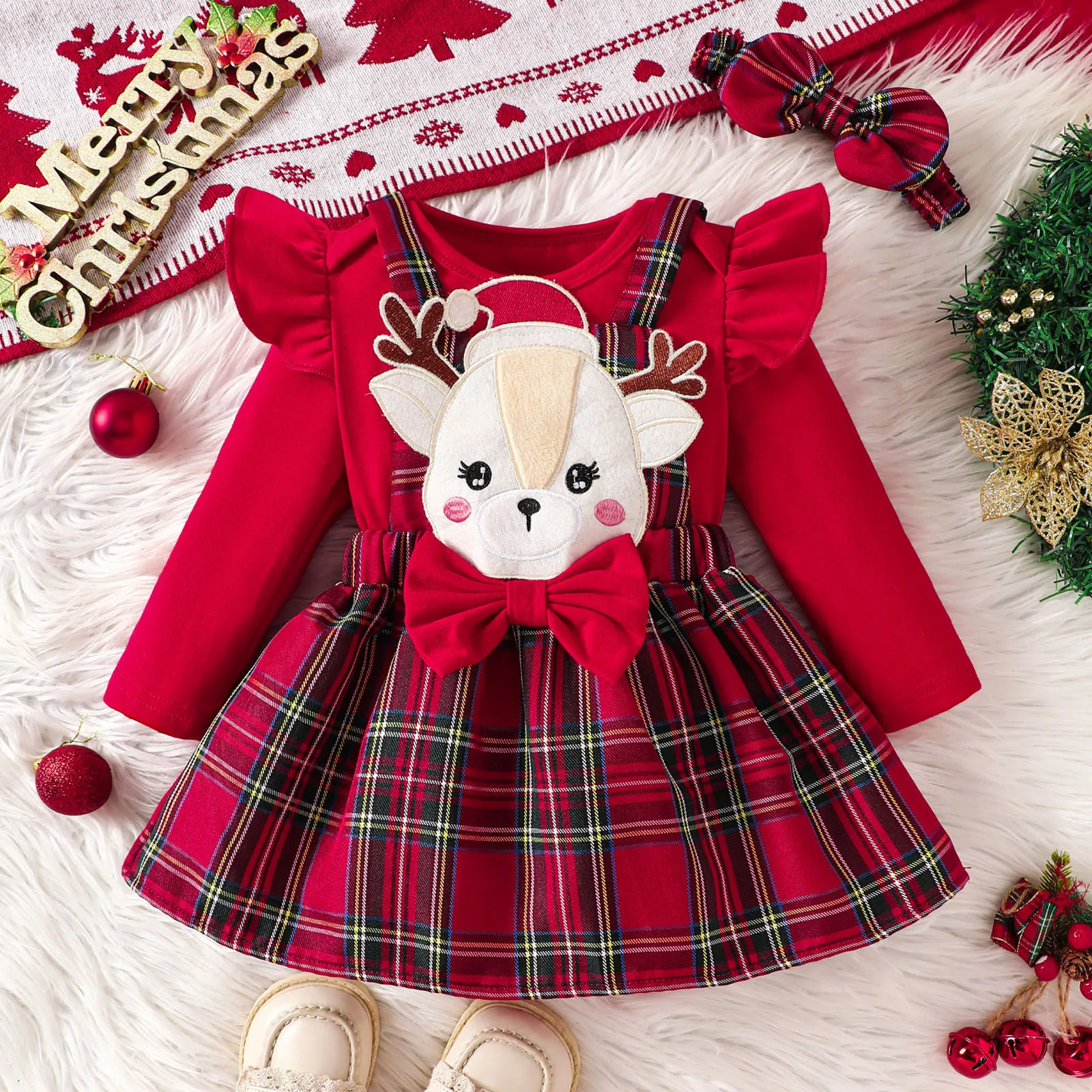 Christmas Newborn Infant Baby Girl Clothes Ma&Baby 0-18M Sets Knit Red Romper Deer Plaid Skirts Headban Xmas Outfits Costume