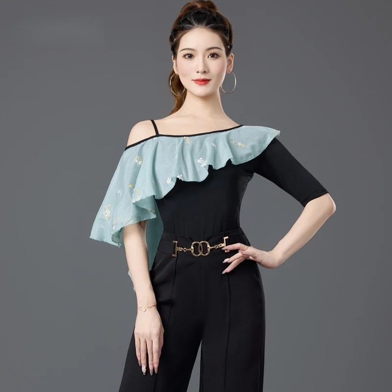 Latin dansjurk Topshirt Oefenjurk Nieuwe moderne dansjurk voor dames Vriendschapsdans Enkele schouder Mouw uit één stuk