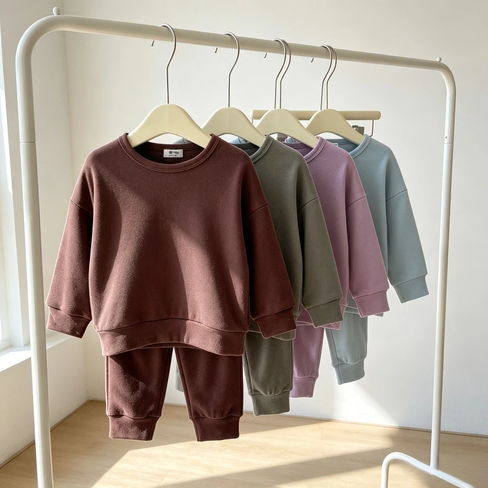Kids Thermal 2-Piece Outfit Crew Neck Long Sleeve Top Pants Soft Brushed Loungewear Boys Girls Autumn Winter Casual Tracksuit 5