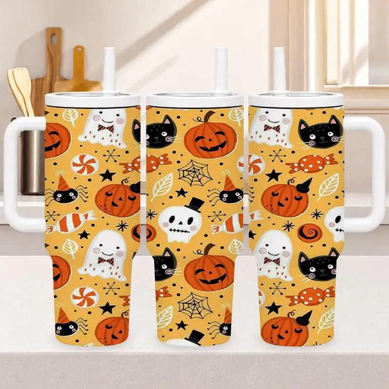 1pc 40oz 304 Stainless Steel Hand-held Cup Cute Halloween Pumpkin Black Cat Candy Pattern Insulated Tumbler with Handle And Straw for Home Office Car Travel Suitable Gifts for Halloween Christmas And Other Special Festivals