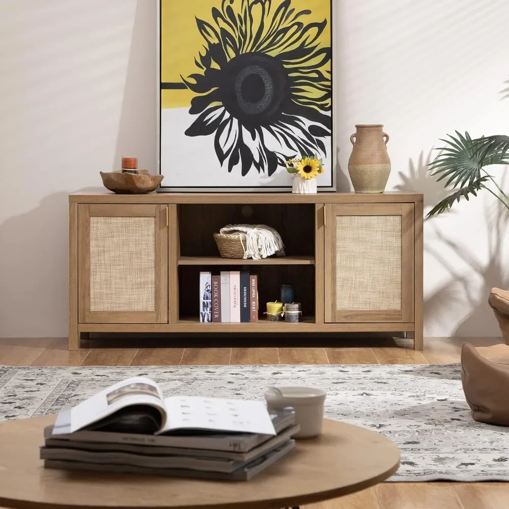 

TV Stand for Living Room : Rattan TV Console Cabinet with Storage & Shelf, Boho Media Console for 55" TVs, 59" Wide