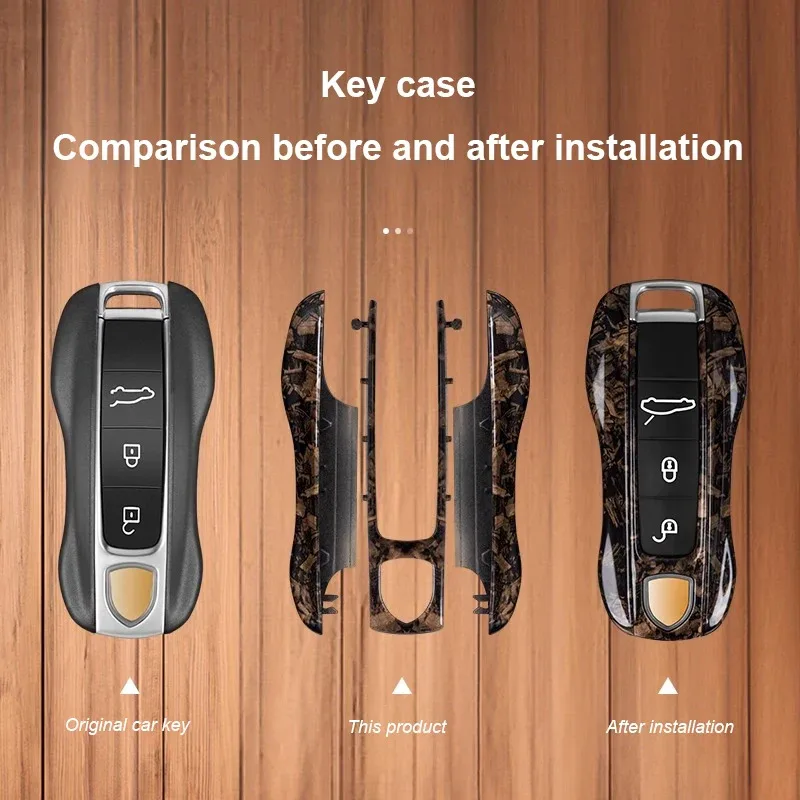 For Porsche Cayenne Panamera Macan 718 Cayman Boxster 911 Taycan Dark Walnut Wood Texture Key Case Protective Shell Fob Cover