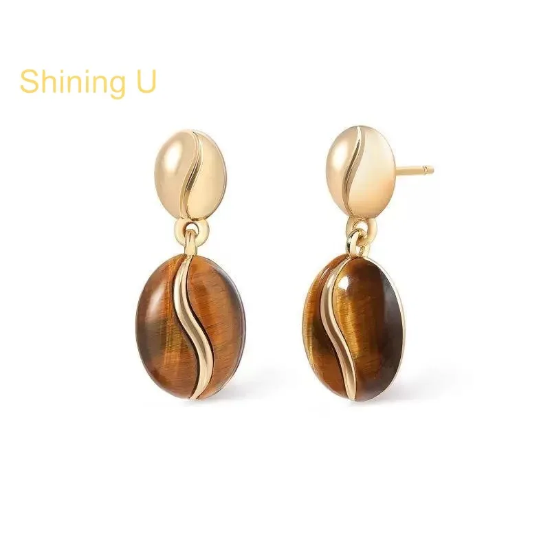 Shining U Tiger Eye Coffee Bean Stud Earrings for Women Fashion Jewelrys Gift Autumn