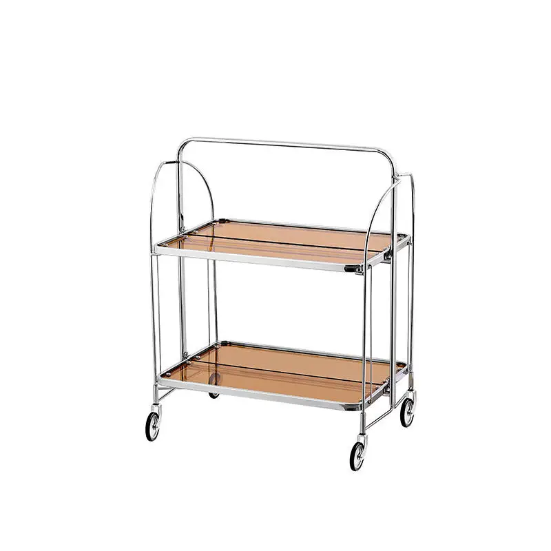 Mesa auxiliar móvil plegable de vidrio transparente, carrito de camarero de acero inoxidable, 2 niveles, rueda para sala de estar