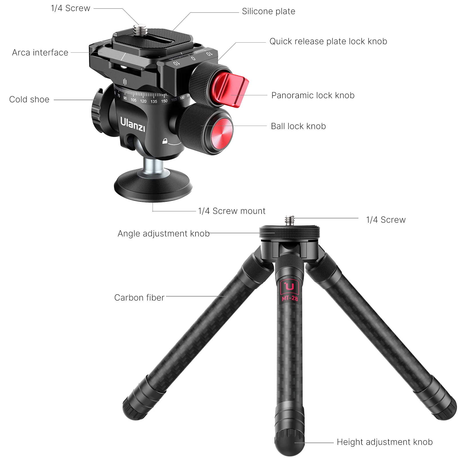 Ulanzi MT-28 Carbon Fiber Tripod U-120 Panoramic Ballhead kit 1/4\'\' Tripod Monopod  with cold shoe Portable Vlog Tripod