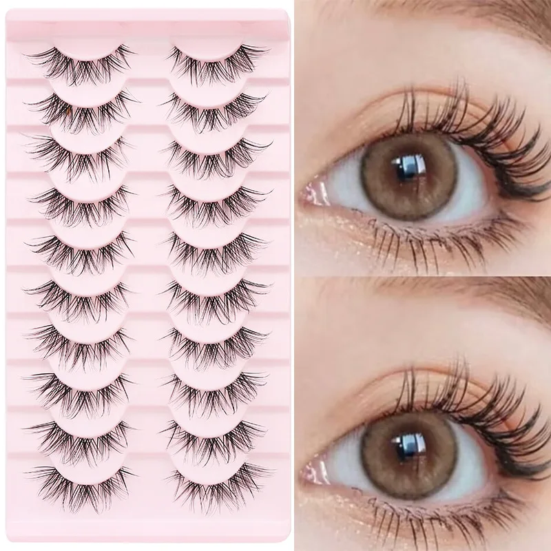 Extension de Cils 3D en Vison Naturel, Maquillage Fait à la Main, Moelleux, Demi-Cils Doux, 10 Paires