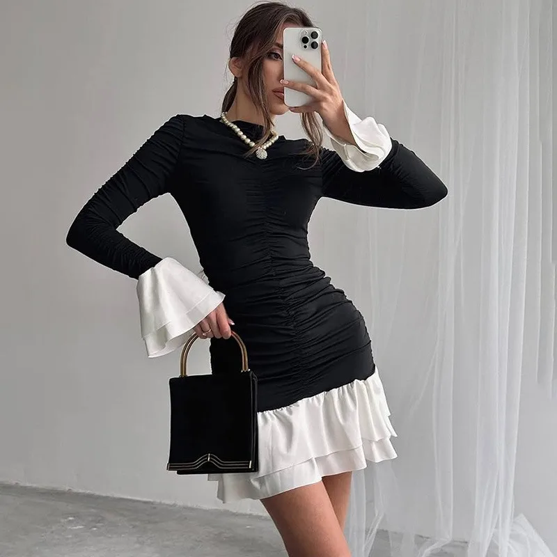 

Ticketsx Contrast Ruffled Mini Dress Women Fashion New Ruched Patchwork High Waist Slim Dress Elegant Commuter Streetwear Dress