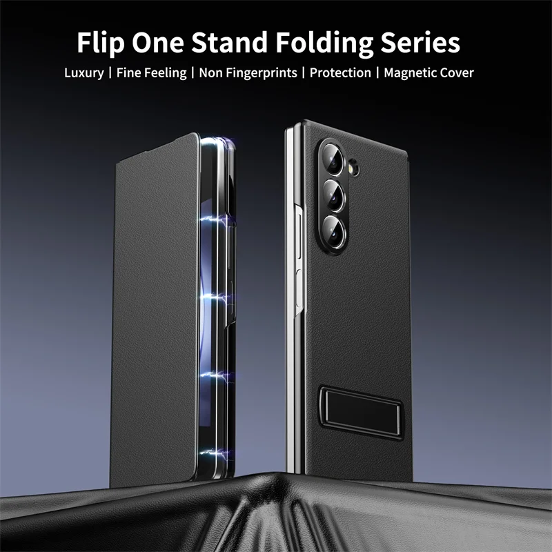 

Delicate Leather Magnetic Protect Cover For Samsung Z Fold7 Fold6 Adjustable Alloy Stand Holder Case for Galaxy Z Fold 7 6 5 4