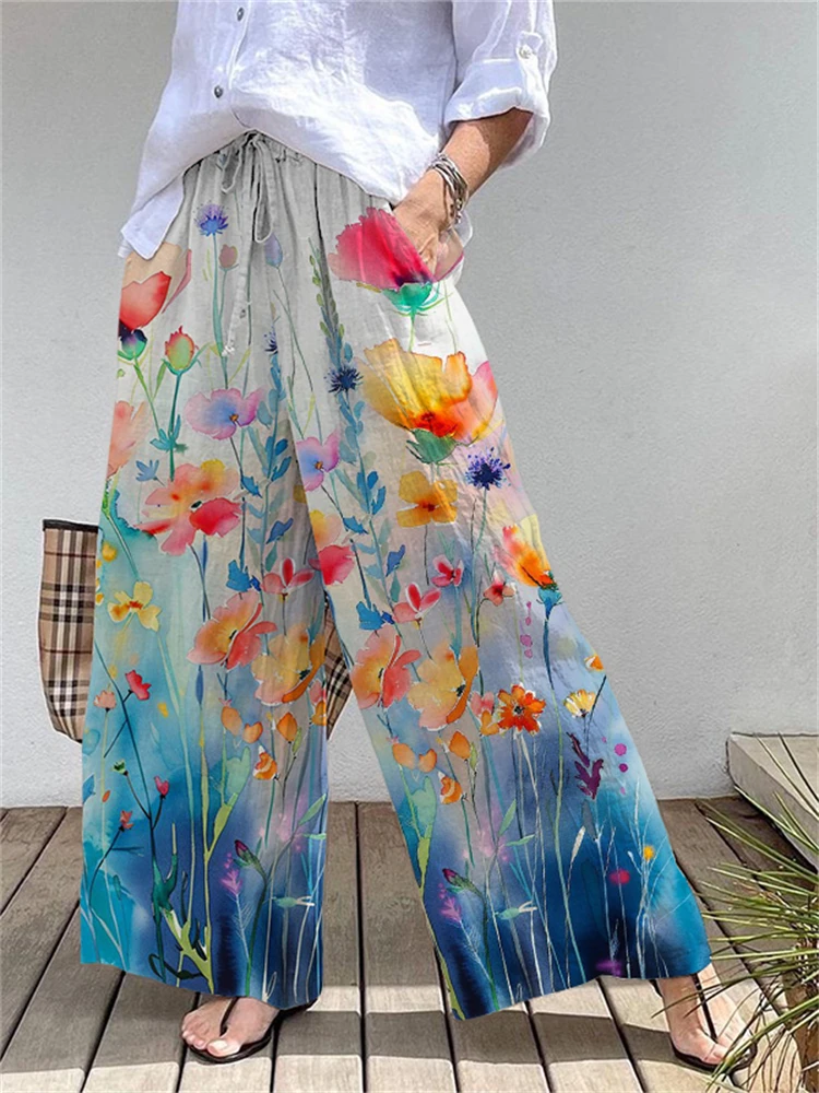 المرأة فضفاضة تناسب عارضة في الهواء الطلق الشارع الشهير واسعة الساق السراويل مع 3D الأزهار طباعة أنيقة ومتعددة الاستخدامات السراويل اليومية غير رسمية