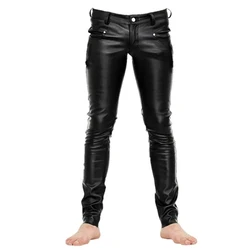 Men's Black Matte Faux Leather Slim Pencil Pants Male Chic Bodycon PU Trousers With Pocket Vintage Ankle-Length Pant New Custom