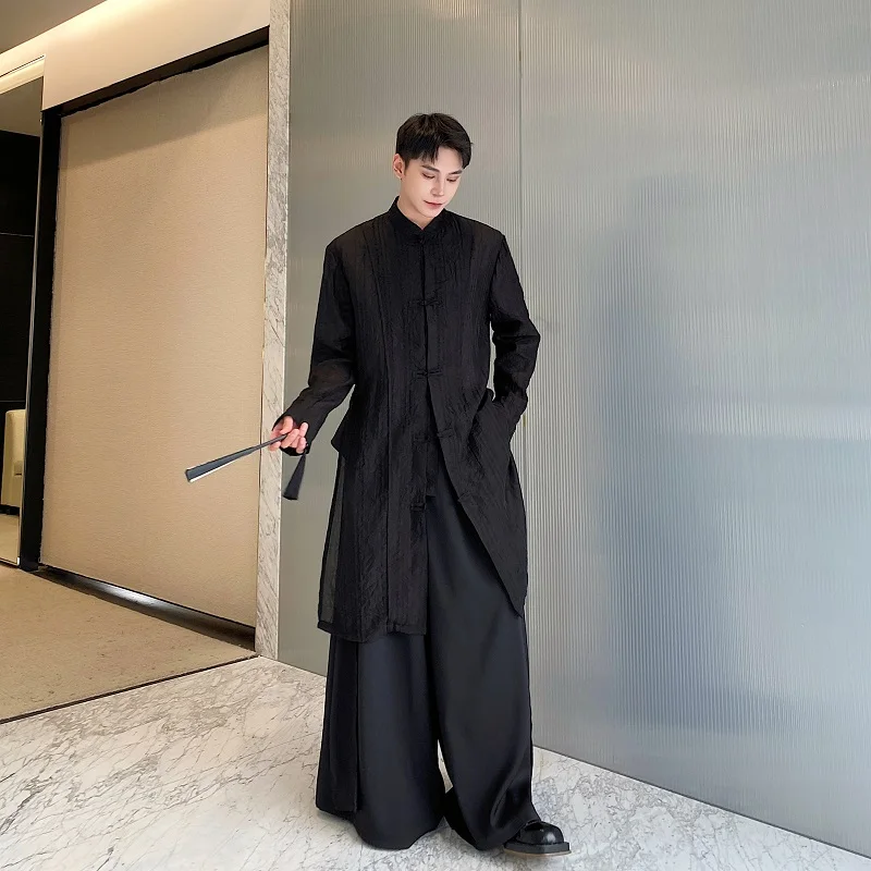 

Новая летняя мужская рубашка в китайском стиле с воротником-стойкой, на пуговицах, с защитой от солнца, с боковыми разрезами, удлиненная, элегантная, тонкая, свободного кроя, молодежная