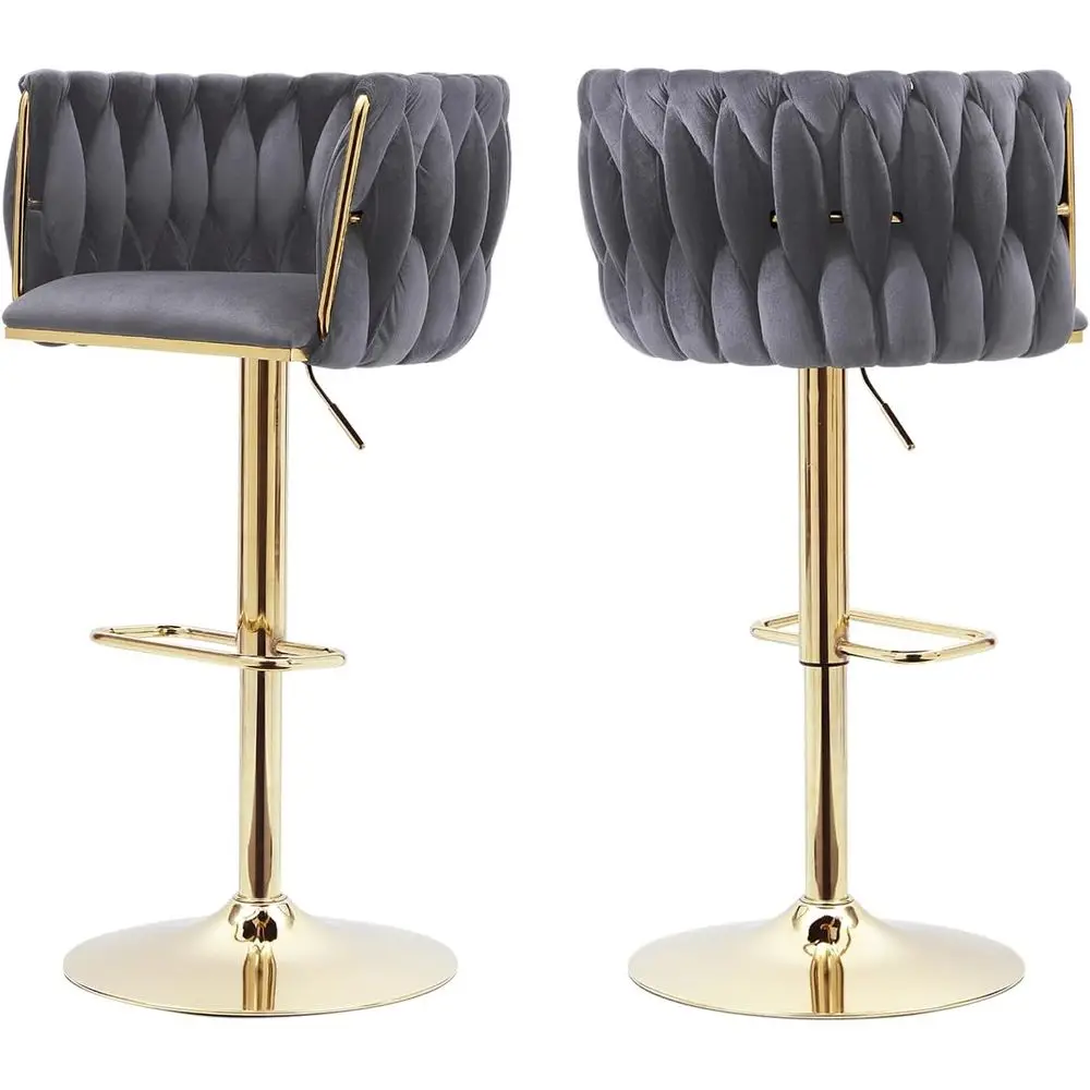 Bar Stools Set o 2, Adjustable Swivel Counter Height Barstools with Woven Back & Gold Legs, Velvet Bar Chairs or Kitchen Island,