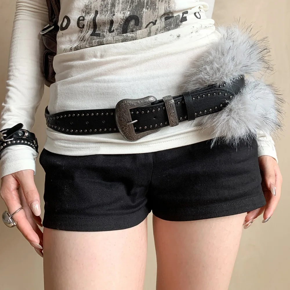 الرجعية العصرية تصميم فو الفراء أحزمة فاسق Y2K برشام حزام كل مباراة فروي الربط حزام أزياء المرأة #1