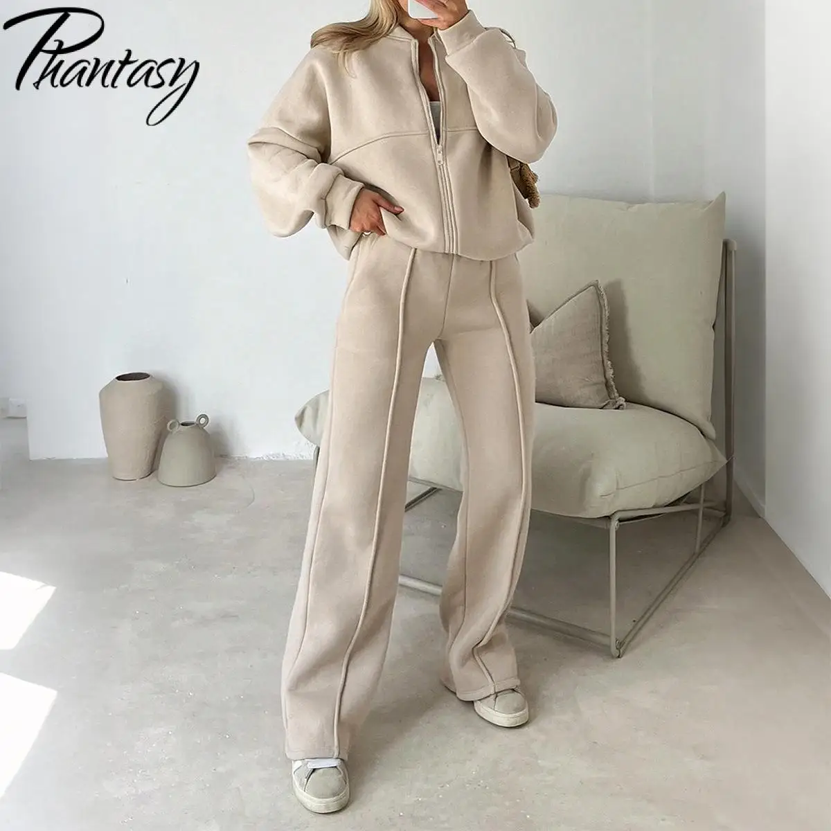 

Phantasy Новый модный повседневный костюм на молнии, простой стиль, куртка с широкими штанинами, комплект из 2 предметов, модный спортивный женский костюм Femme ﻿