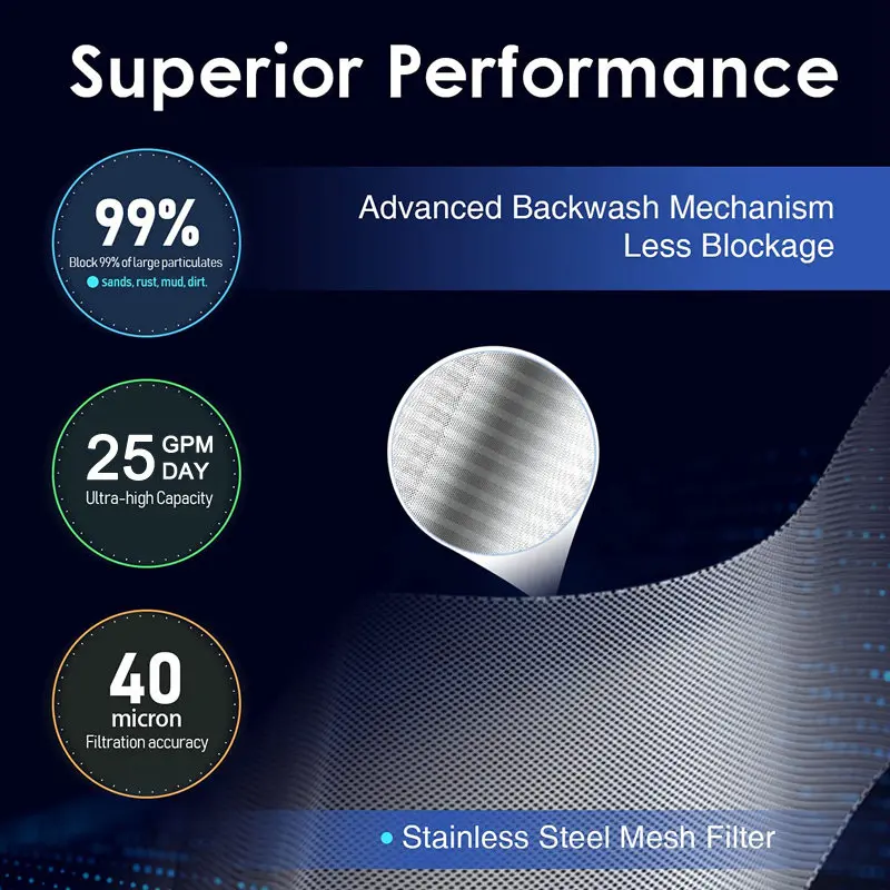 مرشحات الرواسب الدوارة الأوتوماتيكية G350، التنظيف والتصريف التلقائي بشاشة تعمل باللمس، فلتر مياه للمنزل بأكمله قابل لإعادة الاستخدام 40 ميكرونًا