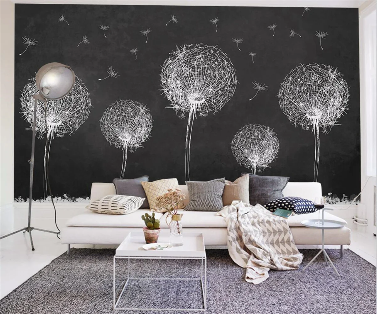 

Customized wallpaper 3D modern personality fashion dandelion black and white background wall living room bedroom 3d wallpaper