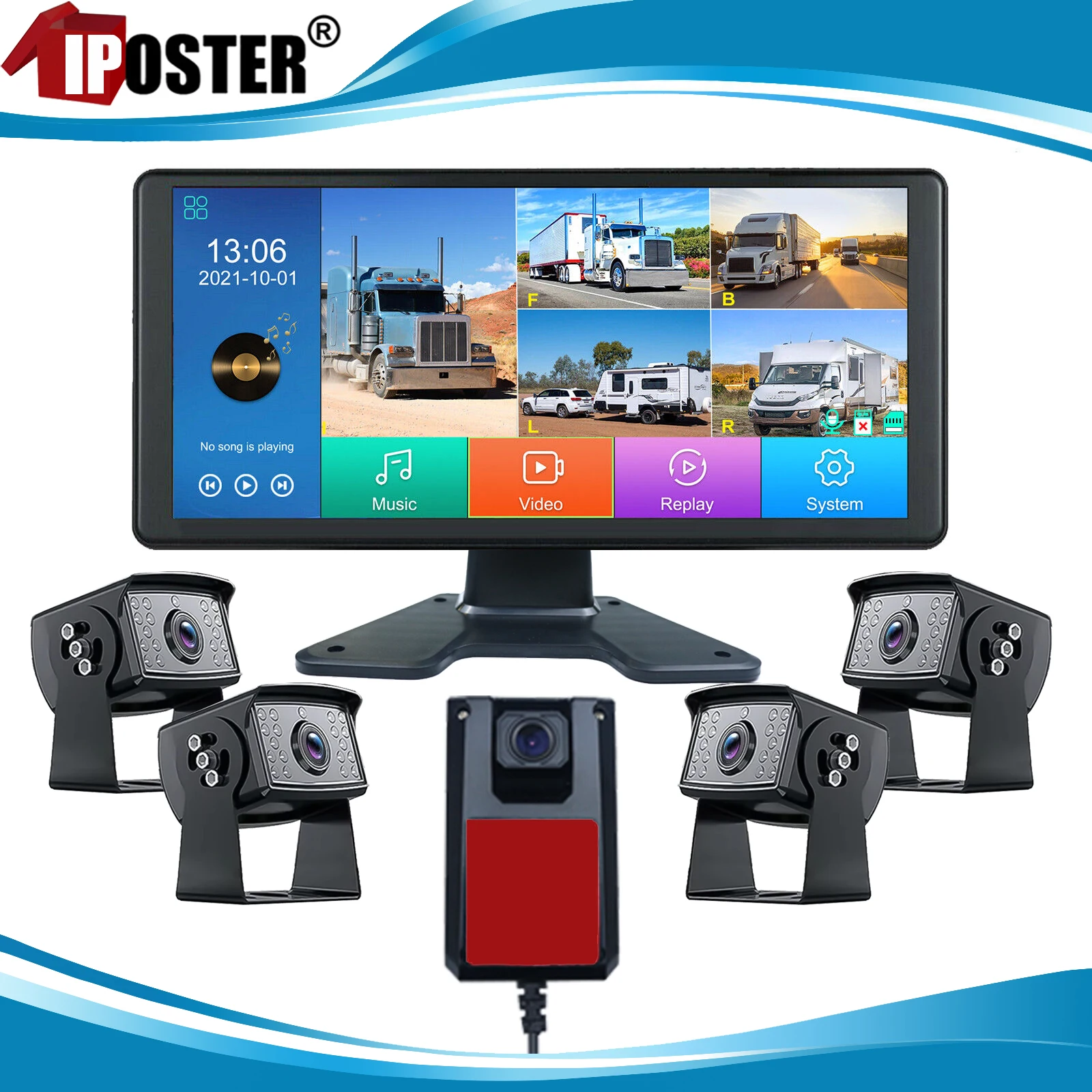 

iPoster 10.36 Inch 5ch Split Screen DVR Video Recorder 5x AHD 1080P Front Side Rear Backup Camera 12-36v For RV Truck Trailer