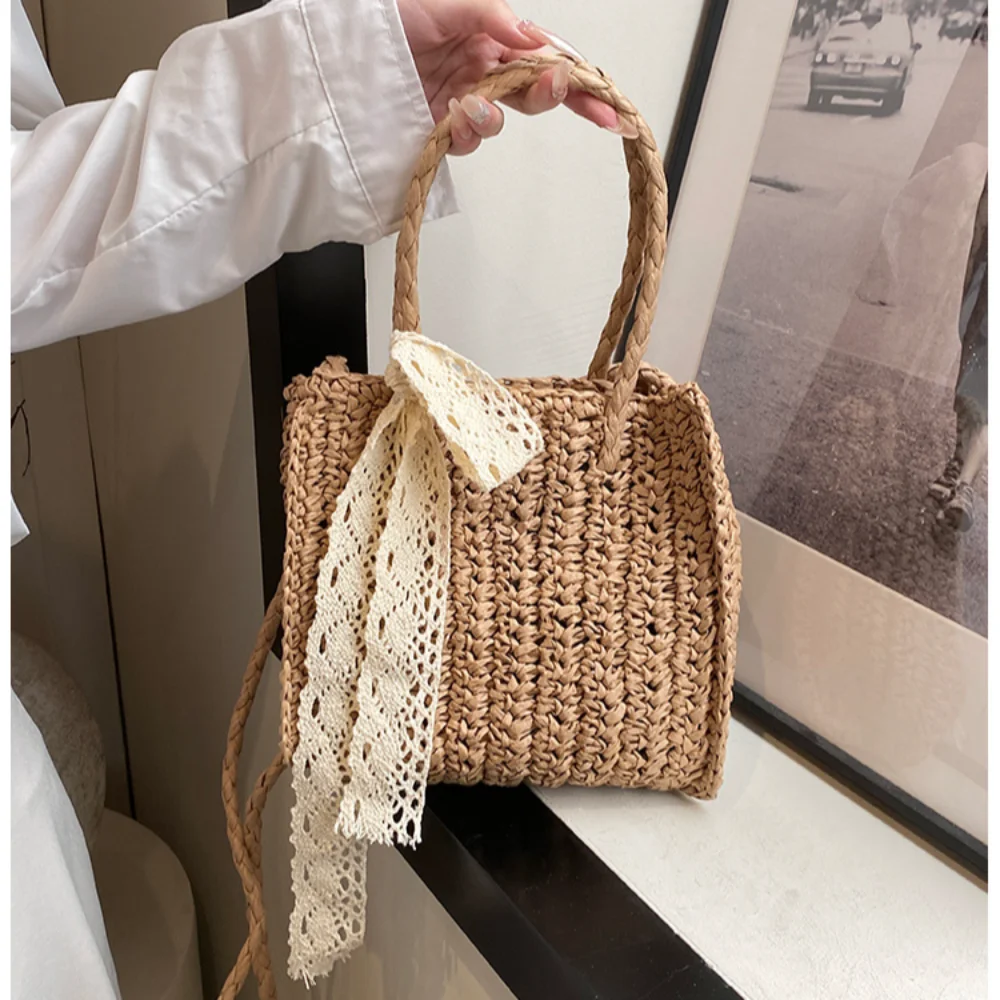 

Ribbon Summer Weave Bags Fashion Soft Solid Color Tourist Beach Bag Top Handle Handbag