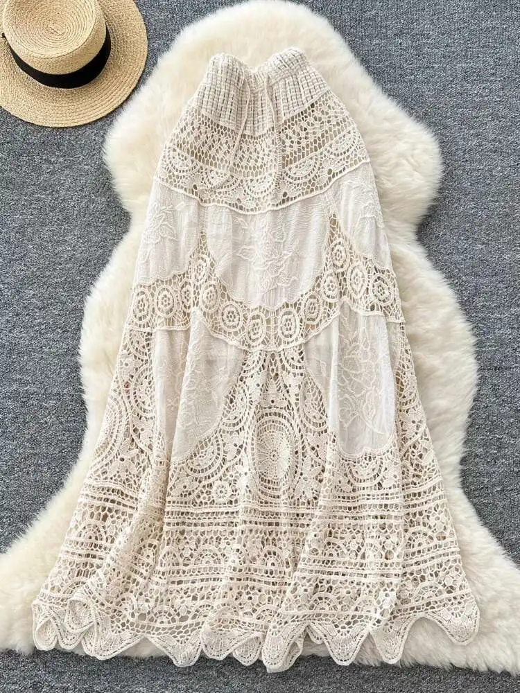 

Summer Beach Long Skirts Women Hollow Hook Flower Embroidered Skirs Vintage High Waisted A-line Mid Length Skirt