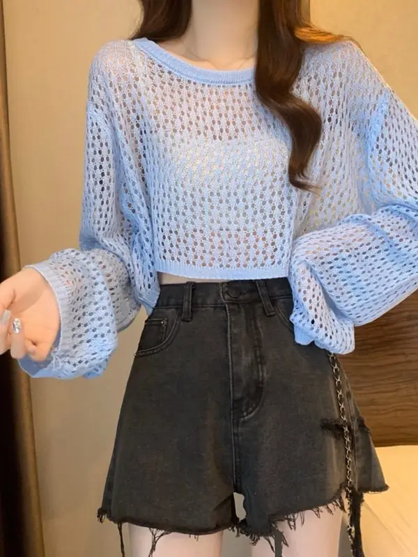 

Blue Short Knitted Mesh Hollow out Lightweight Sun Protection Top Women Early Spring Bright Color Series Copper Sulfate Shirt