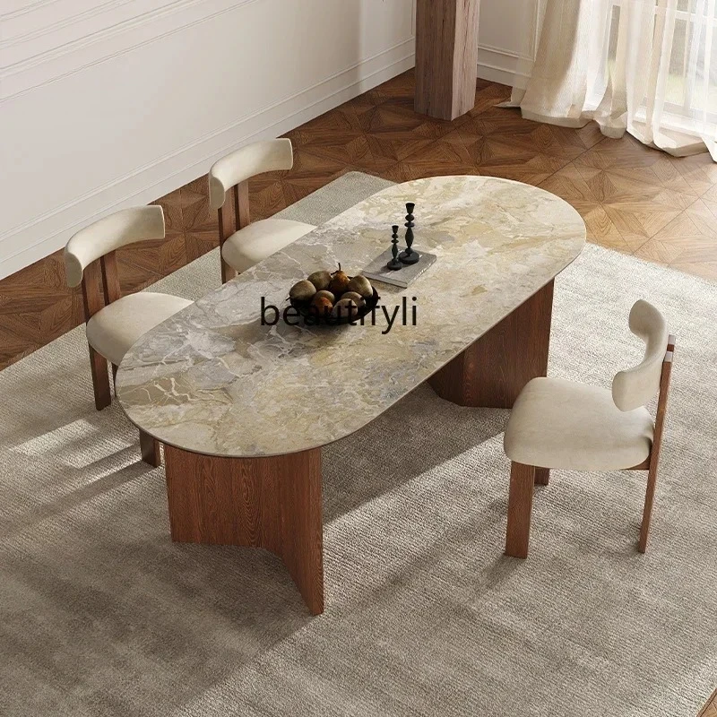 

French retro solid wood rock slab dining table and chair combination simple oval designer dining table