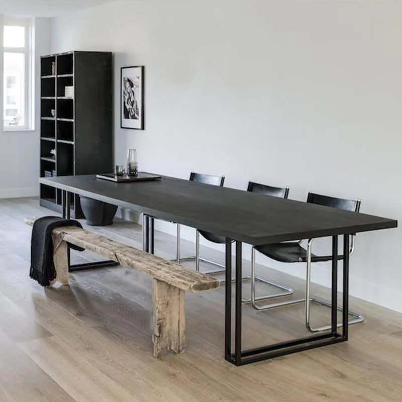 Solid wood workbench table Industrial style conference Long Wrought iron computer  Black desk Simple long